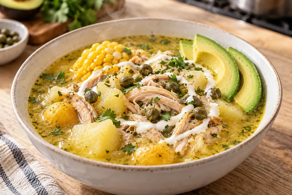 Imagen de Ajiaco colombiano tradicional con pollo y guascas