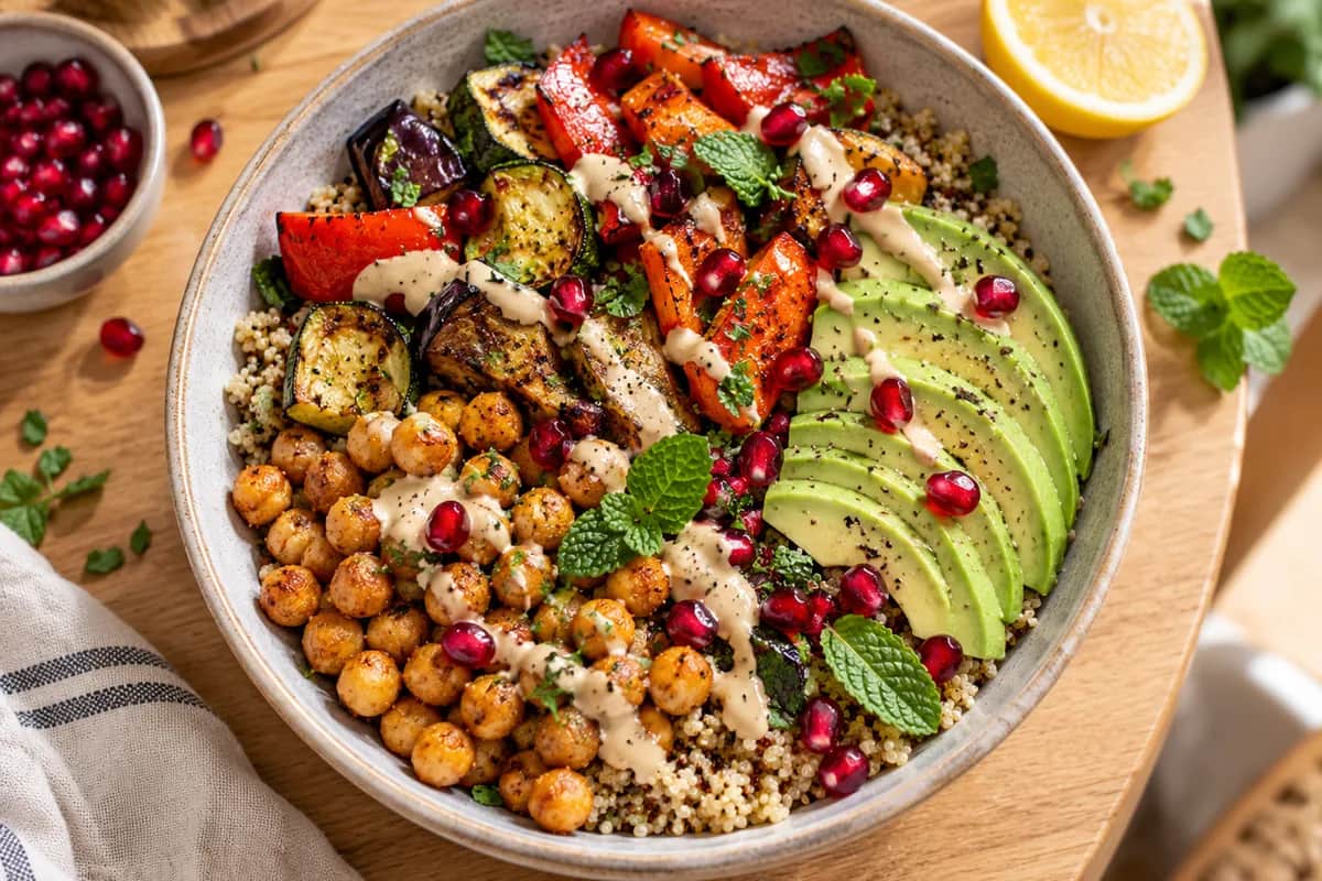 Imagen de Bowl de Quinoa y Garbanzos con Tahini y Verduras Asadas