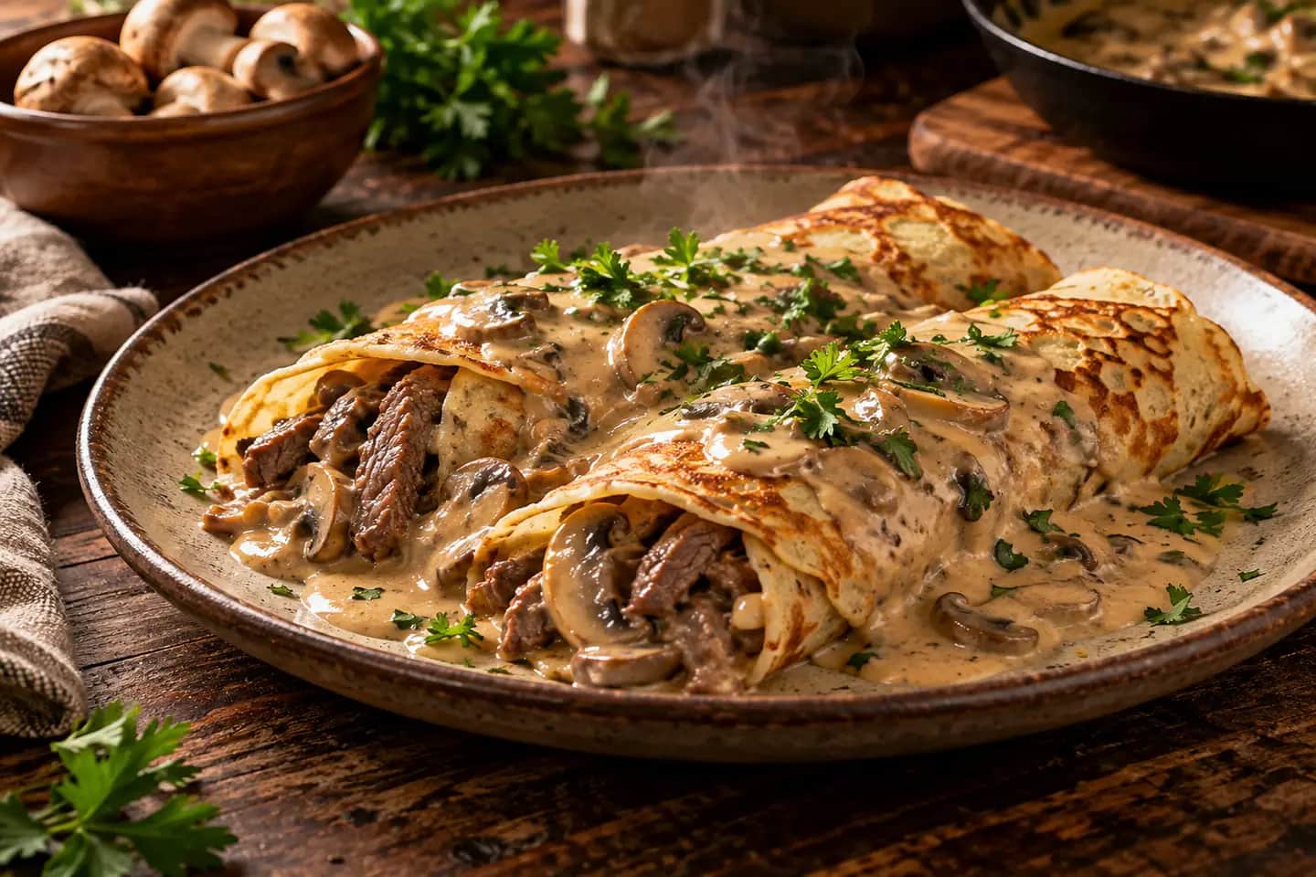 Imagen de Crepes de ternera Stroganoff con champiñones