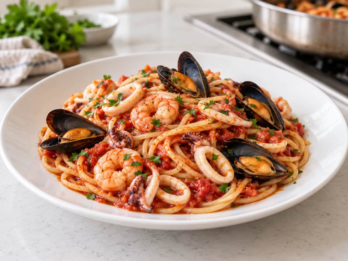 Imagen de Pasta de frutos del mar con tomate