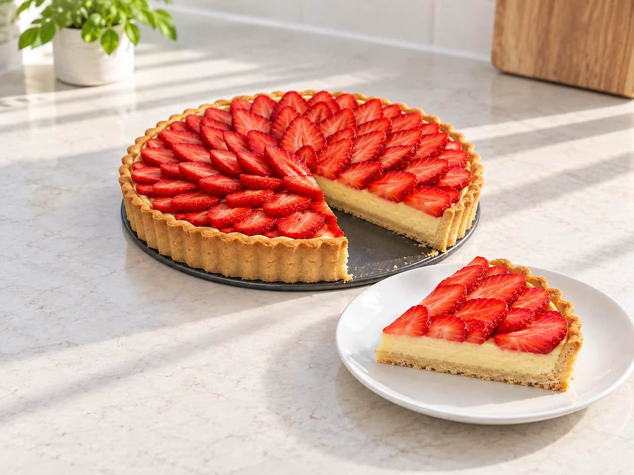 Imagen de Tarta de fresa con crema pastelera y base horneada