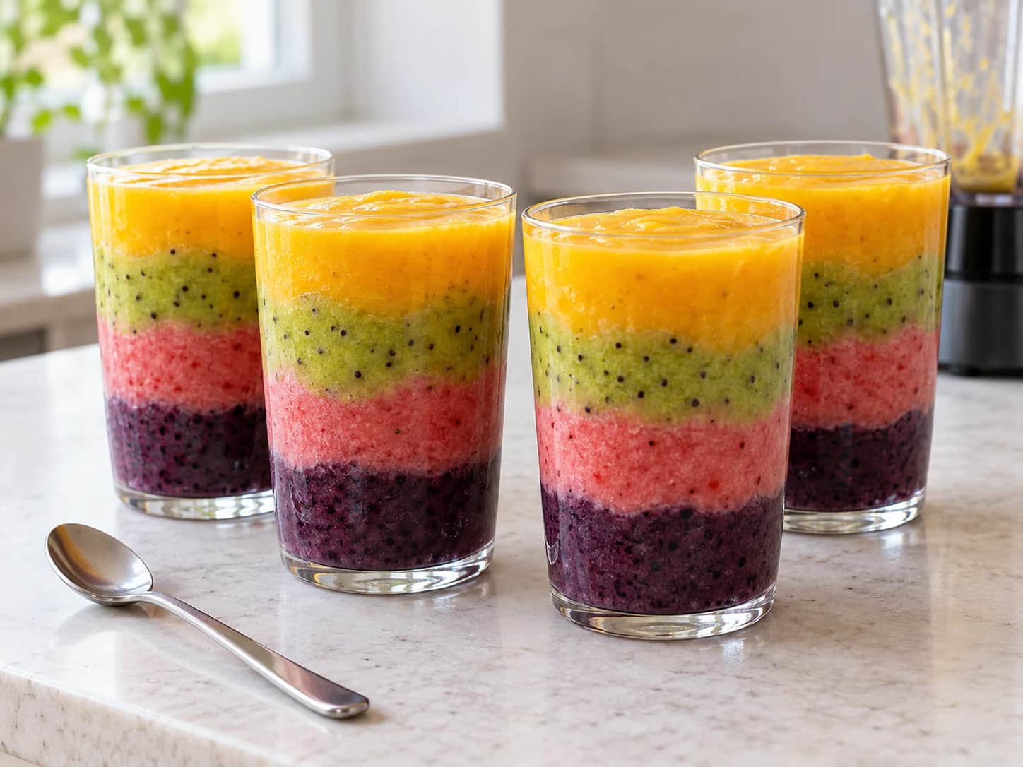 Imagen de Jugo arcoíris de frutas en cuatro capas