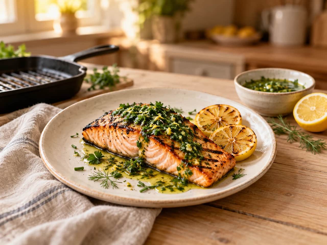 Imagen de Salmón a la parrilla con salsa de limón y hierbas: receta fácil y jugosa