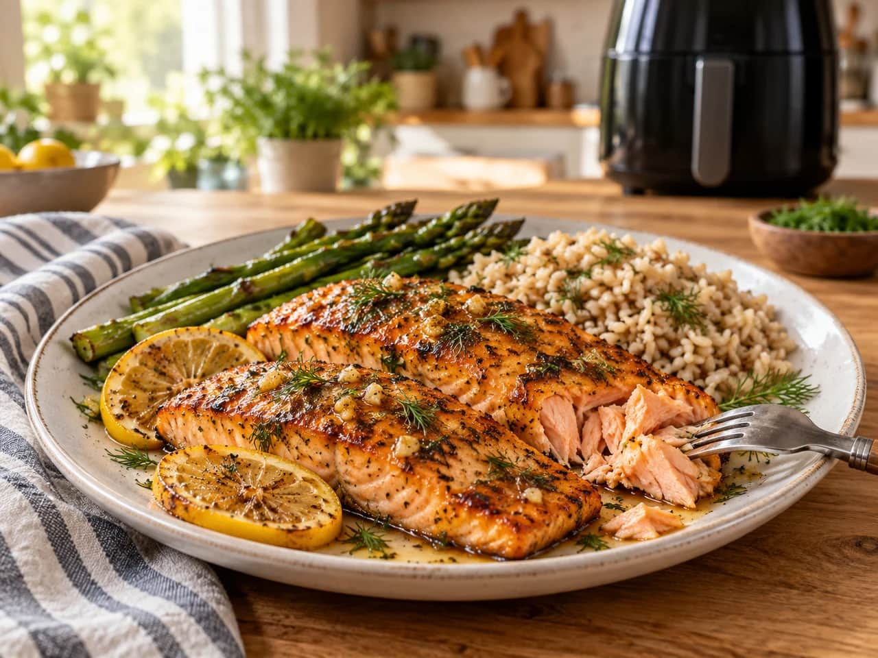 Imagen de Salmón en air fryer saludable: jugoso, con limón, ajo y miel
