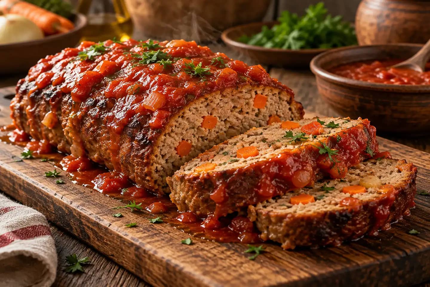 Bild von Hackbraten aus dem Ofen mit hausgemachter Tomatensauce