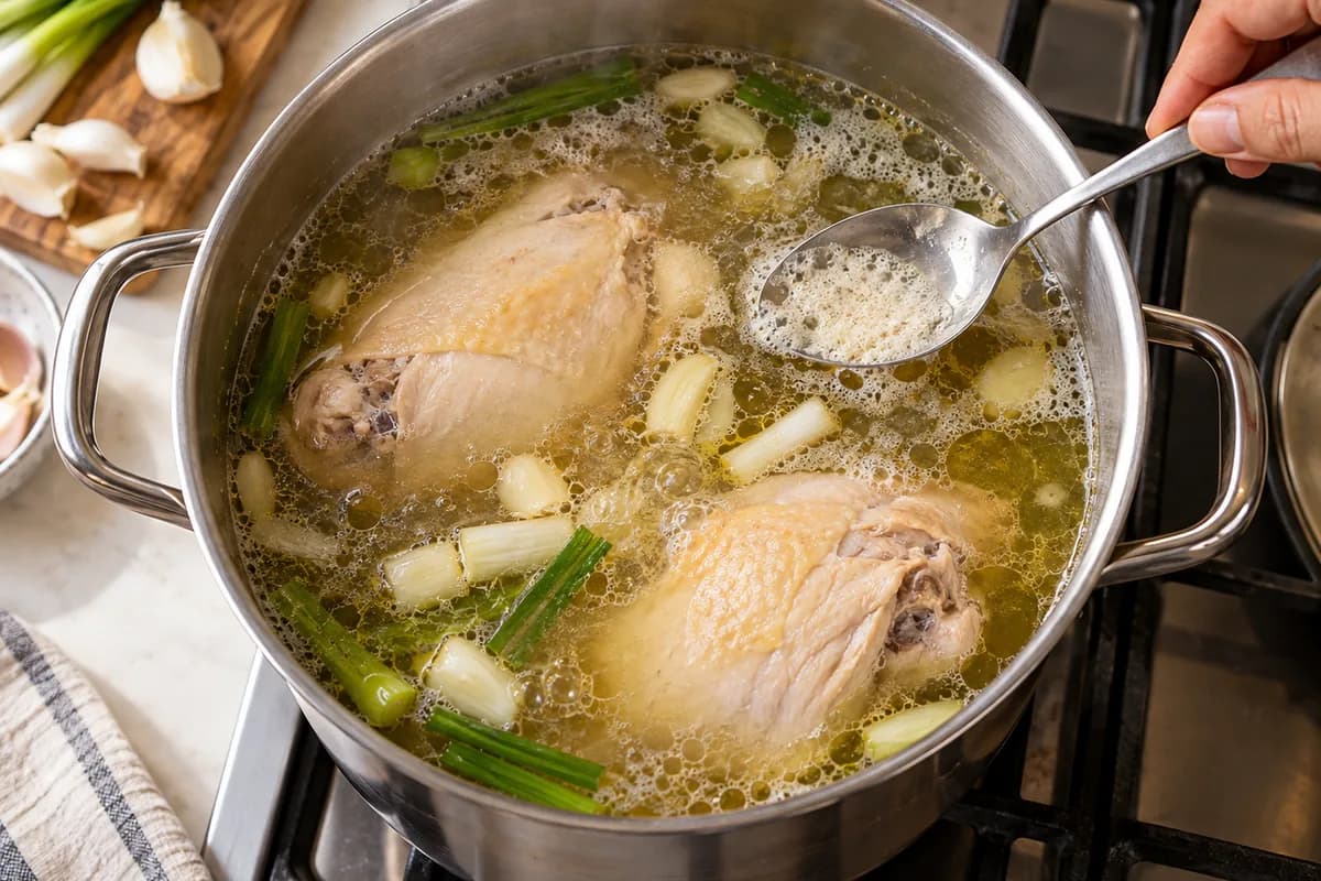 Chicken breasts simmering in a pot of broth with scallion and garlic