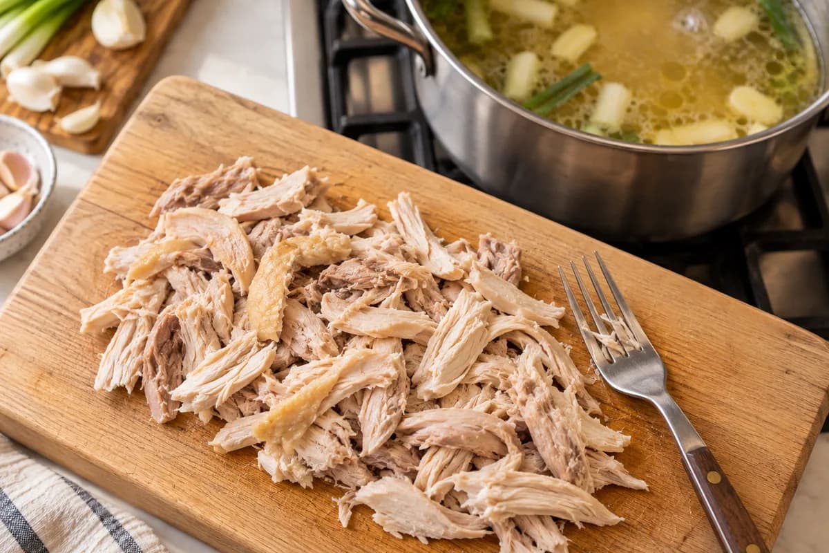 Cooked chicken shredded into pieces on a wooden board