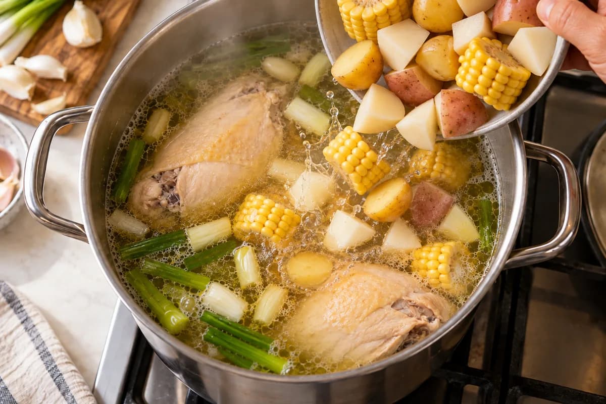 Corn pieces and three kinds of potato being added to the chicken broth