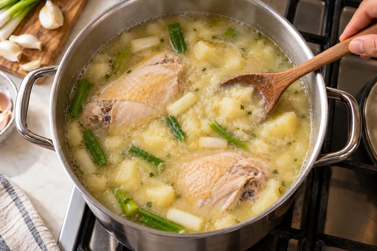 Ajiaco thickening in the pot as the potatoes break down into the broth