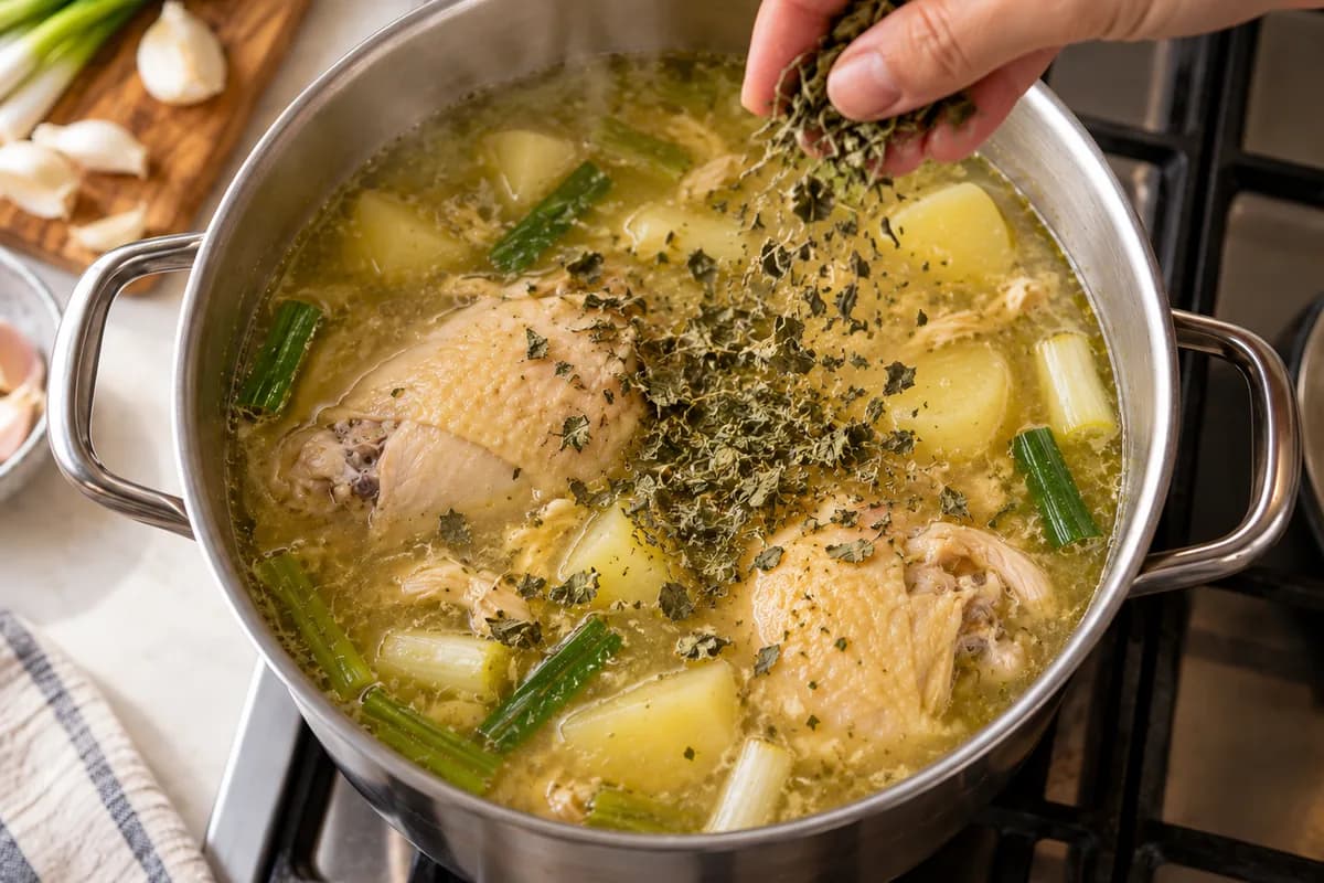 Hand sprinkling dried guascas over the ajiaco in the pot
