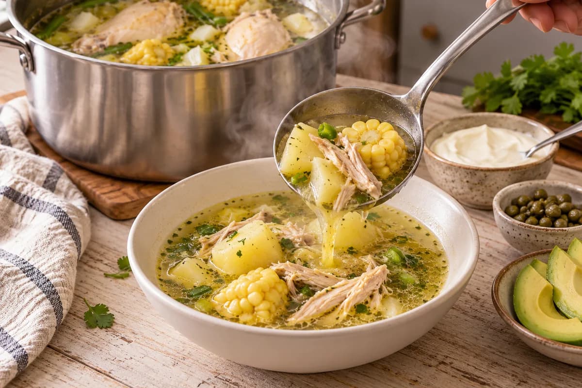 Serving hot Colombian ajiaco into a bowl with cream, capers and avocado