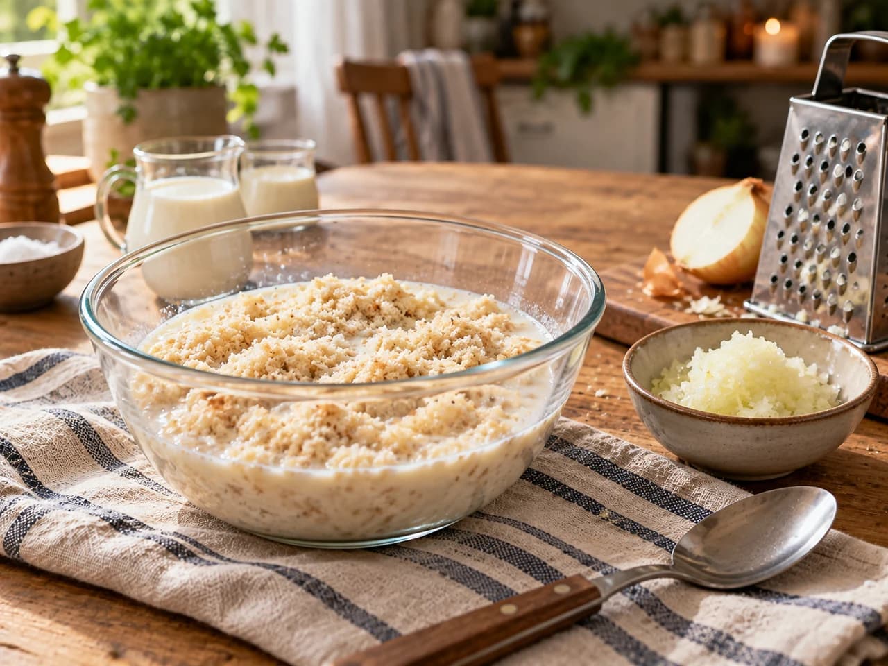 Cuenco de vidrio con pan rallado remojándose en leche y una cuchara, junto a un cuenco pequeño con cebolla rallada y un rallador.