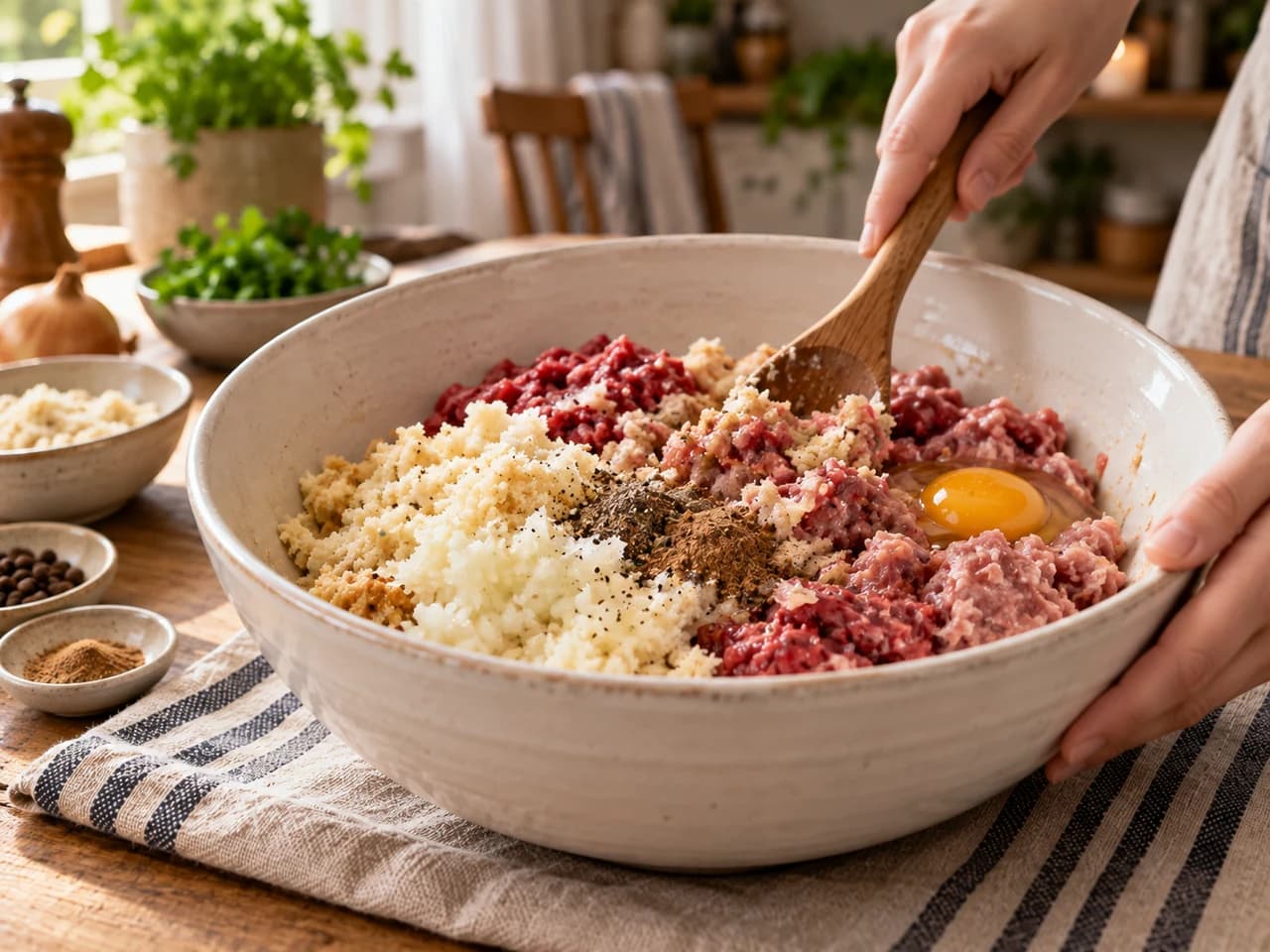 Cuenco grande con carne molida de res y cerdo, pan remojado, huevo, cebolla y especias, mezclándose con una cuchara de madera.