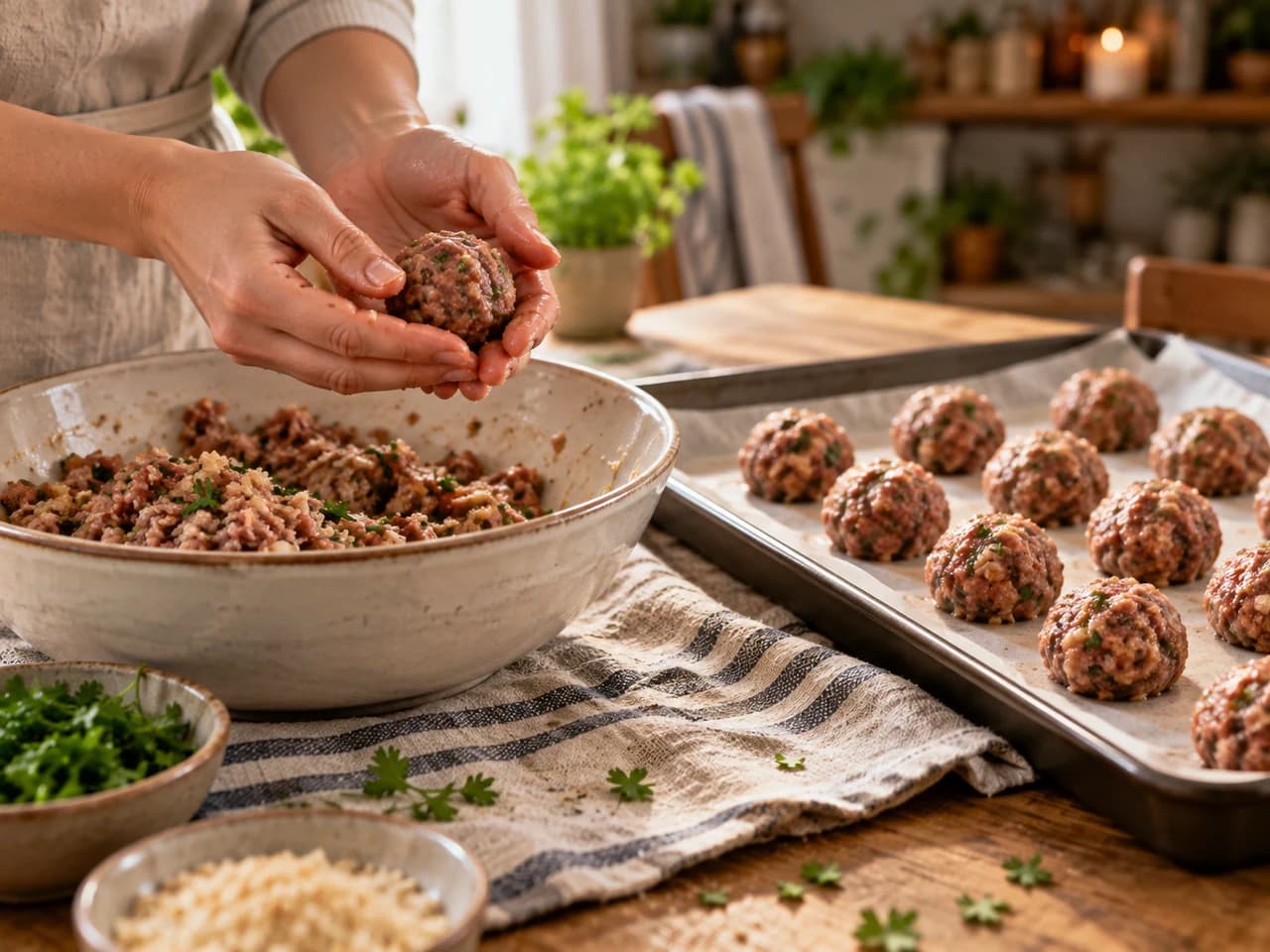 Manos formando albóndigas pequeñas y redondas, con una bandeja de papel de horno llena de albóndigas crudas alineadas.