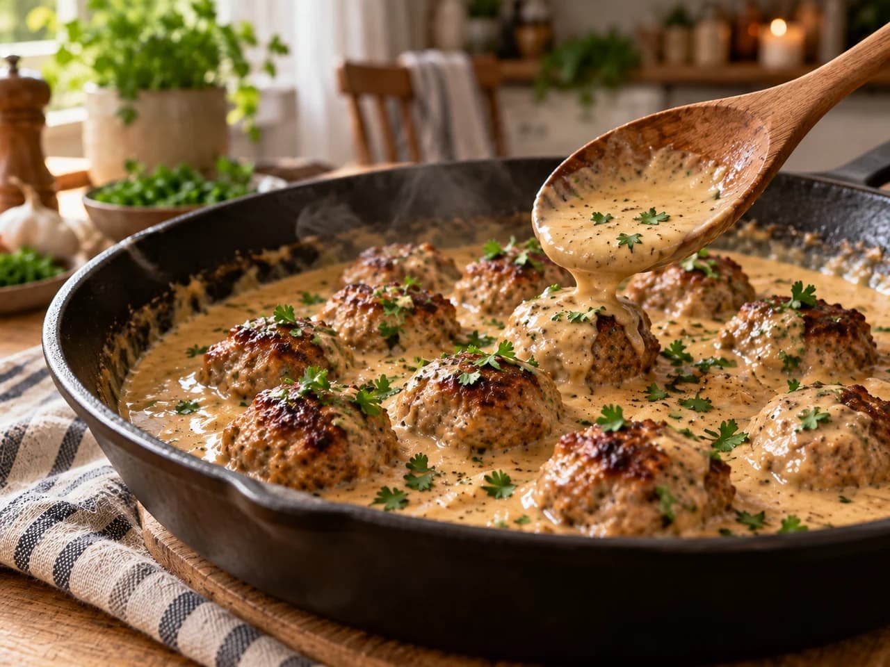 Sartén con albóndigas doradas en salsa cremosa espesa y brillante, una cuchara de madera bañándolas y perejil picado por encima.