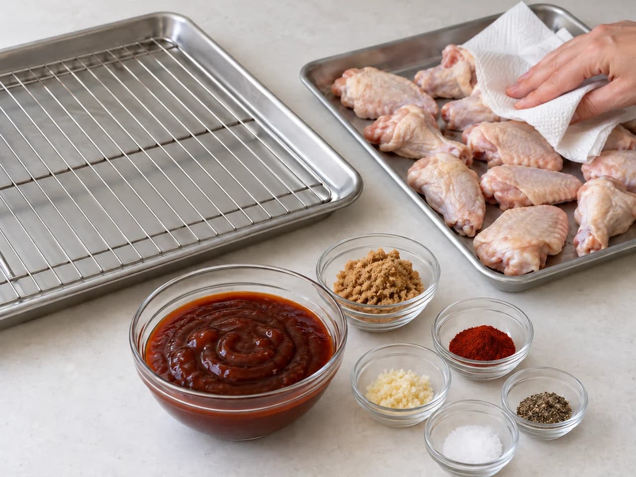 Asinhas de frango BBQ no forno com molho de tomate: Preaqueça e prepare as asinhas