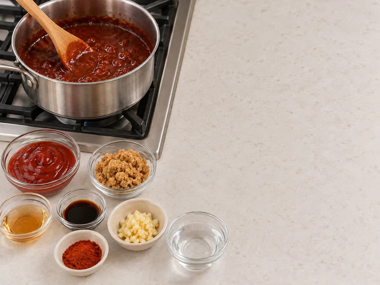 Asinhas de frango BBQ no forno com molho de tomate: Cozinhe o molho BBQ de tomate