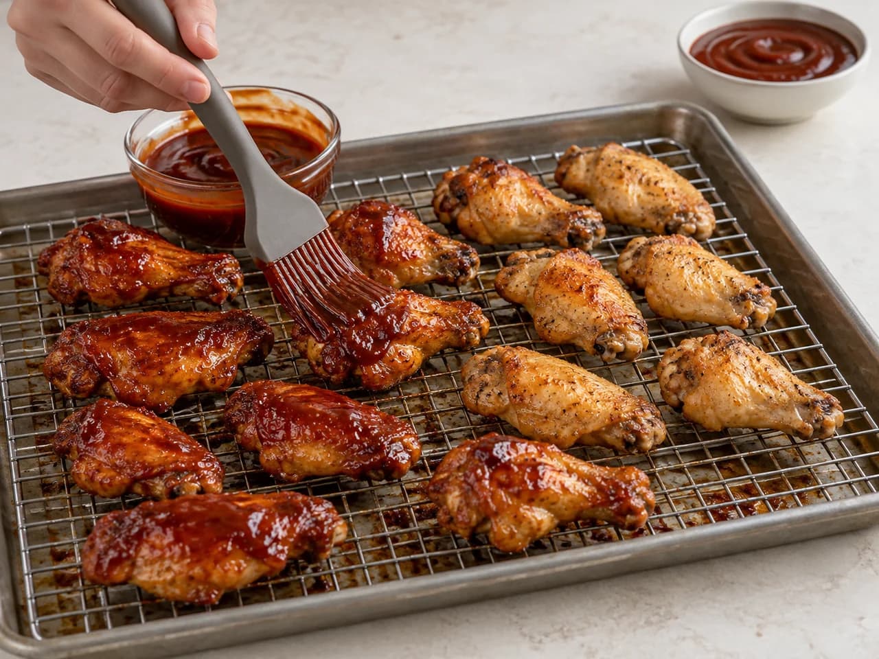 Asinhas de frango BBQ no forno com molho de tomate: Pincele no final e deixe descansar