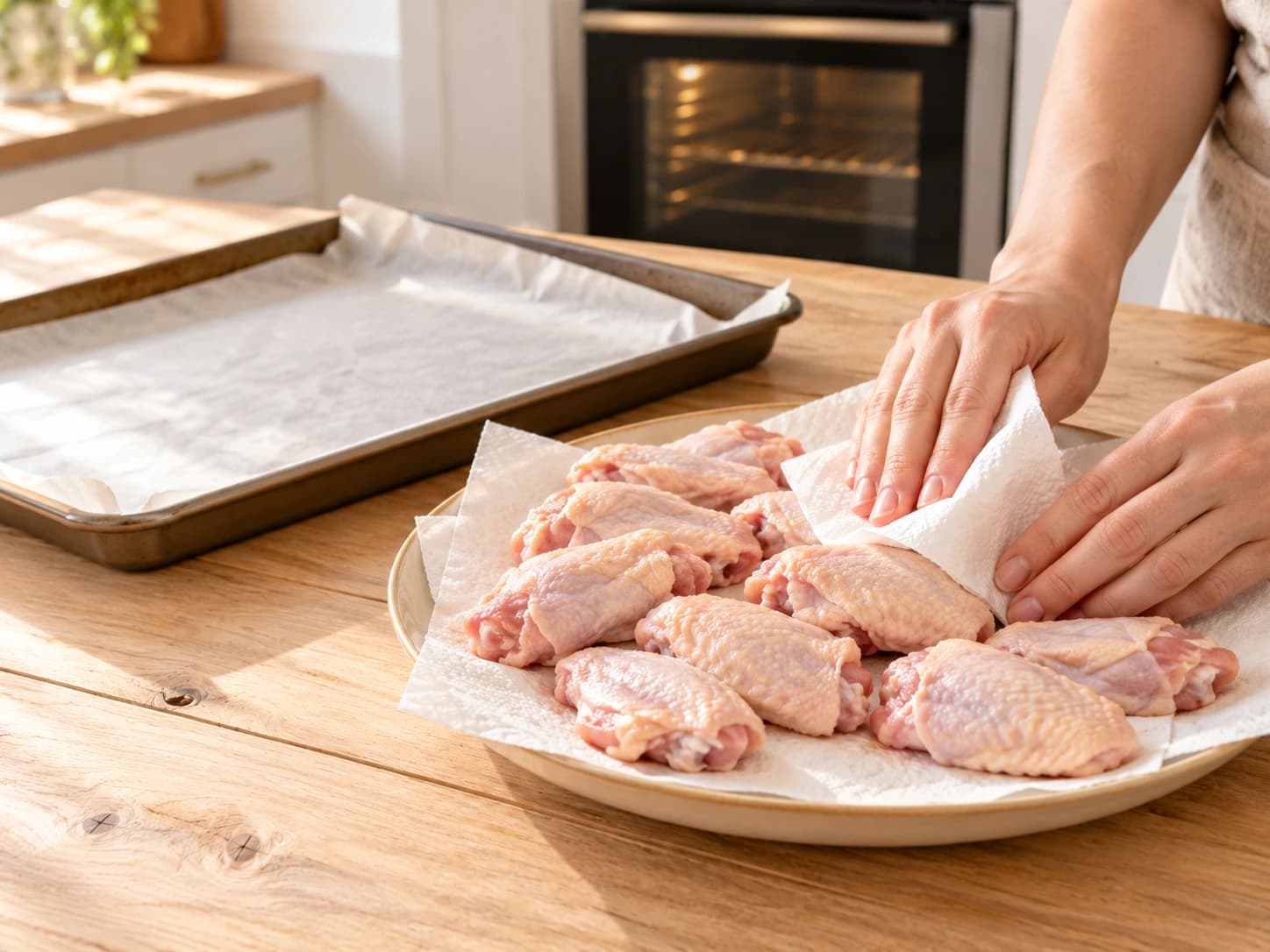 Baked Chicken Wings: Preheat and dry the wings