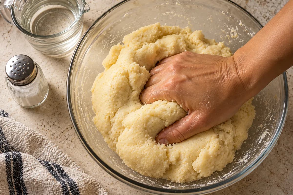 Hand kneading corn flour dough in a glass bowl