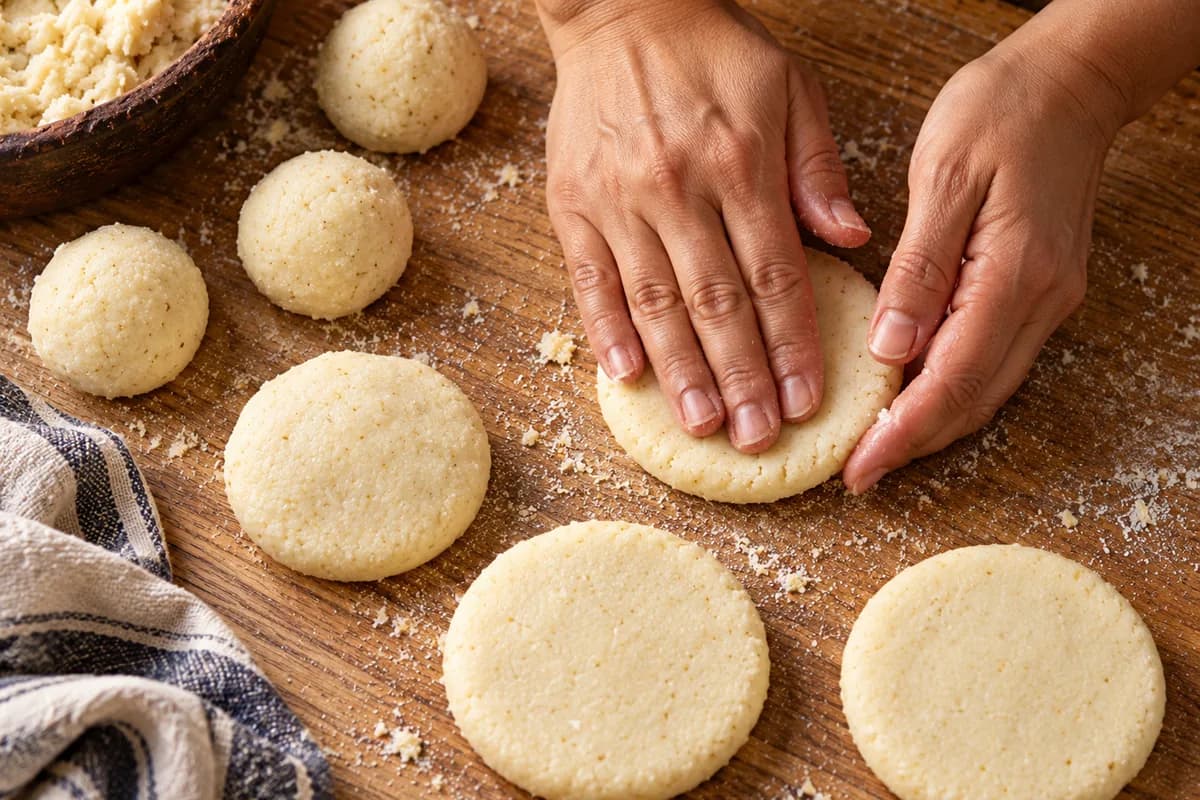 Hands shaping arepa dough into discs on a wooden board