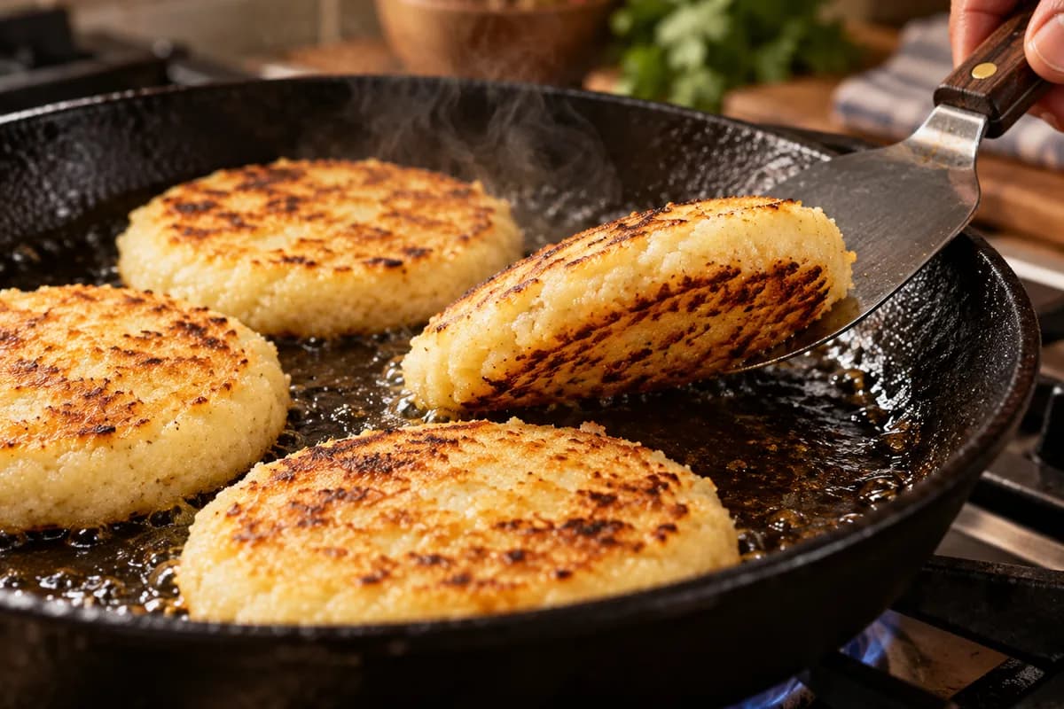 Golden arepas cooking in a cast iron skillet