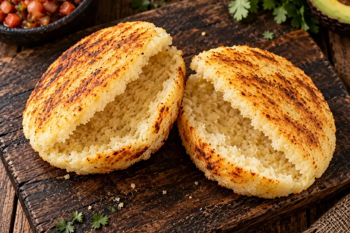 Golden arepas cut in half forming a pocket