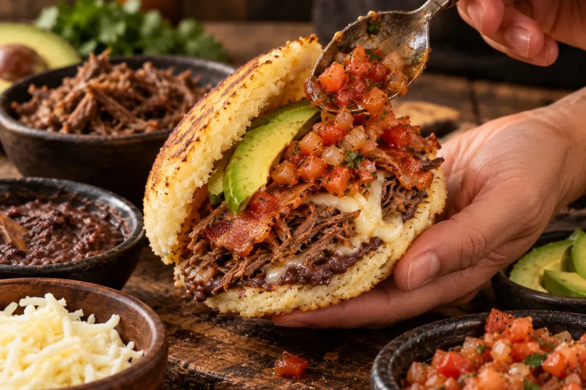 Arepa being filled with shredded meat, beans, cheese, avocado and hogao