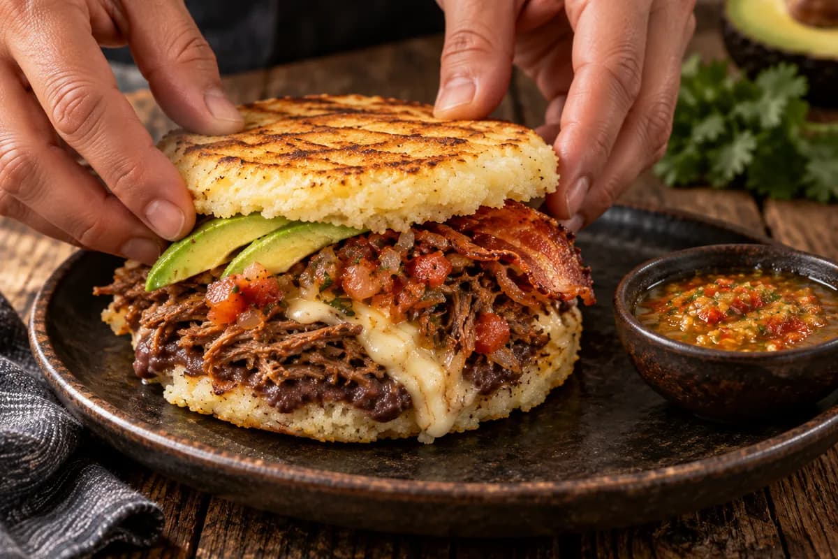 Closing a freshly filled loaded arepa, served with a bowl of ají sauce