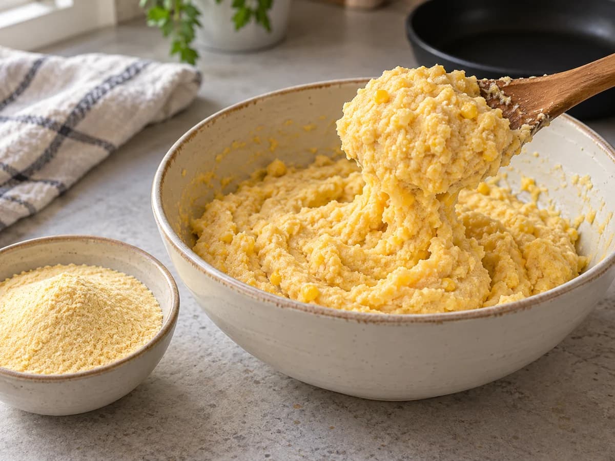 Masa espesa de maíz amarillo mezclada con una cuchara