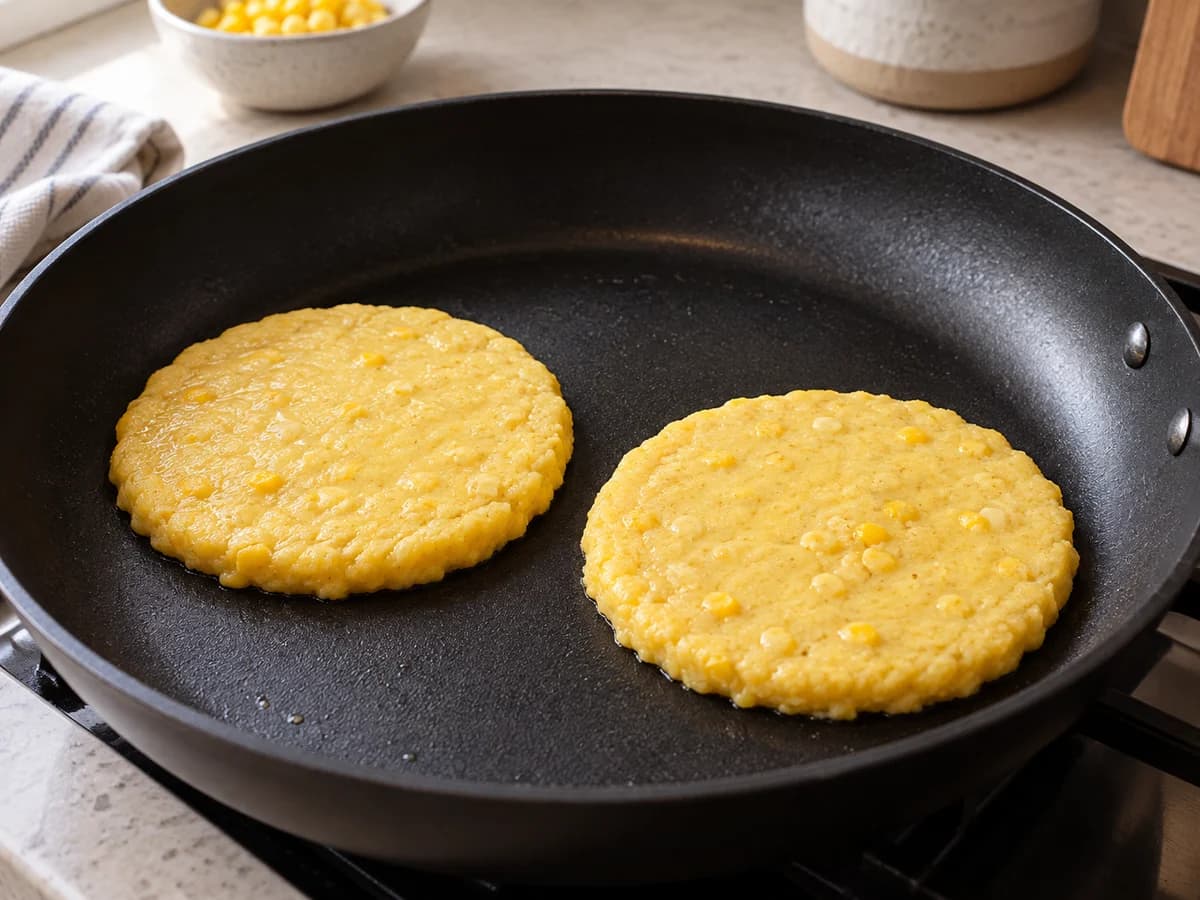 Dos arepas de maíz tierno cocinándose por la primera cara