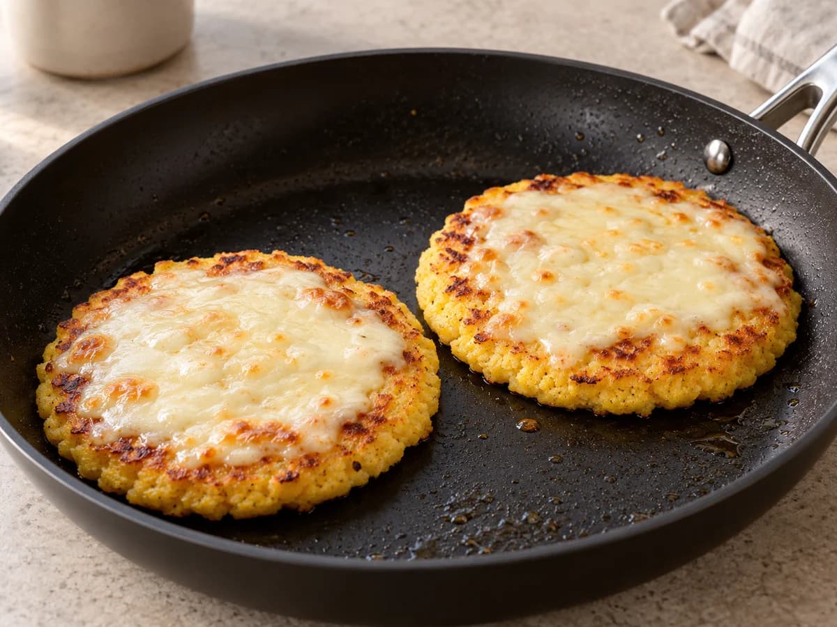 Arepas doradas en la sartén con mozzarella fundiéndose encima