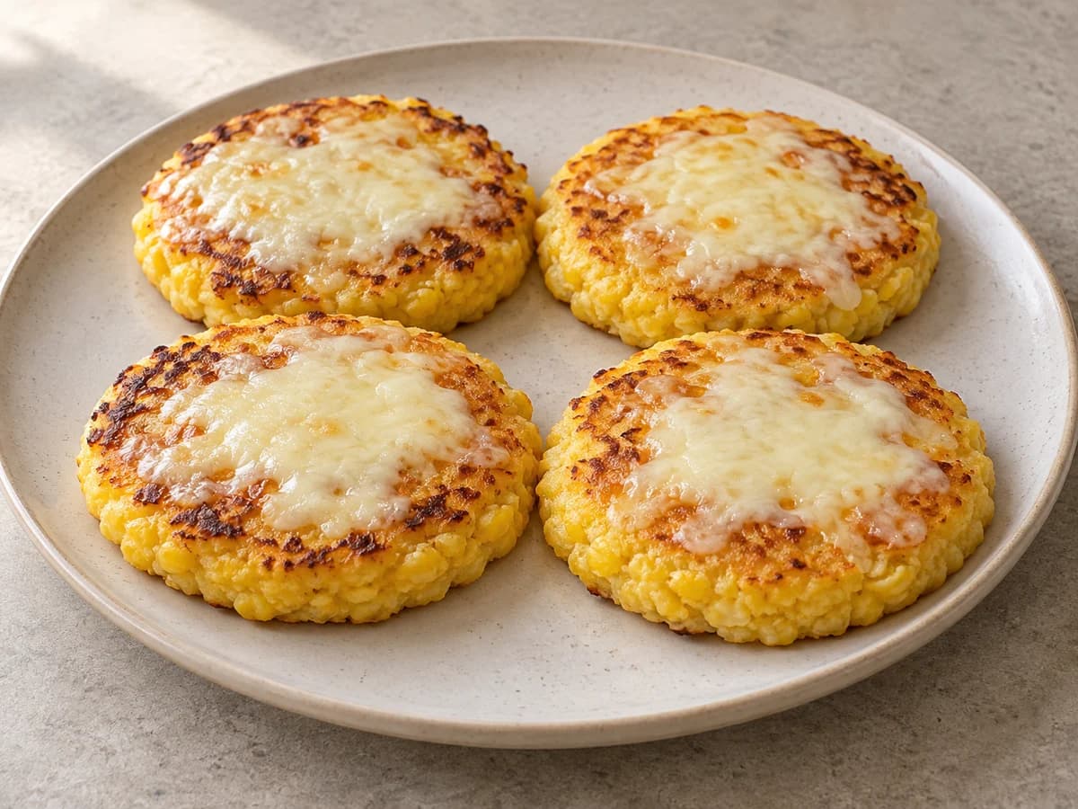 Arepas de choclo doradas con una capa de mozzarella sobre un plato