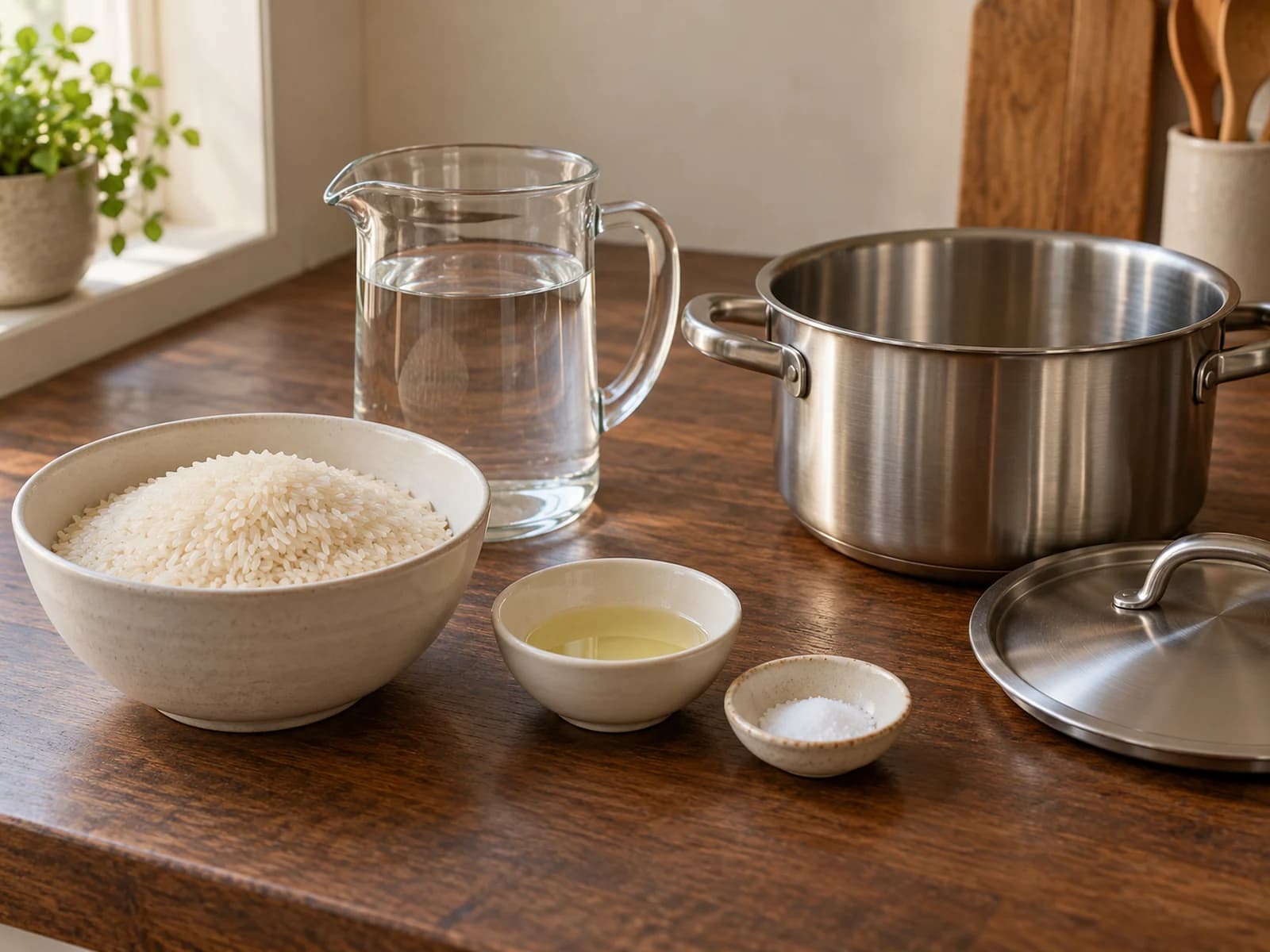 Riz blanc : riz, eau, huile et sel mesurés pour quatre accompagnements