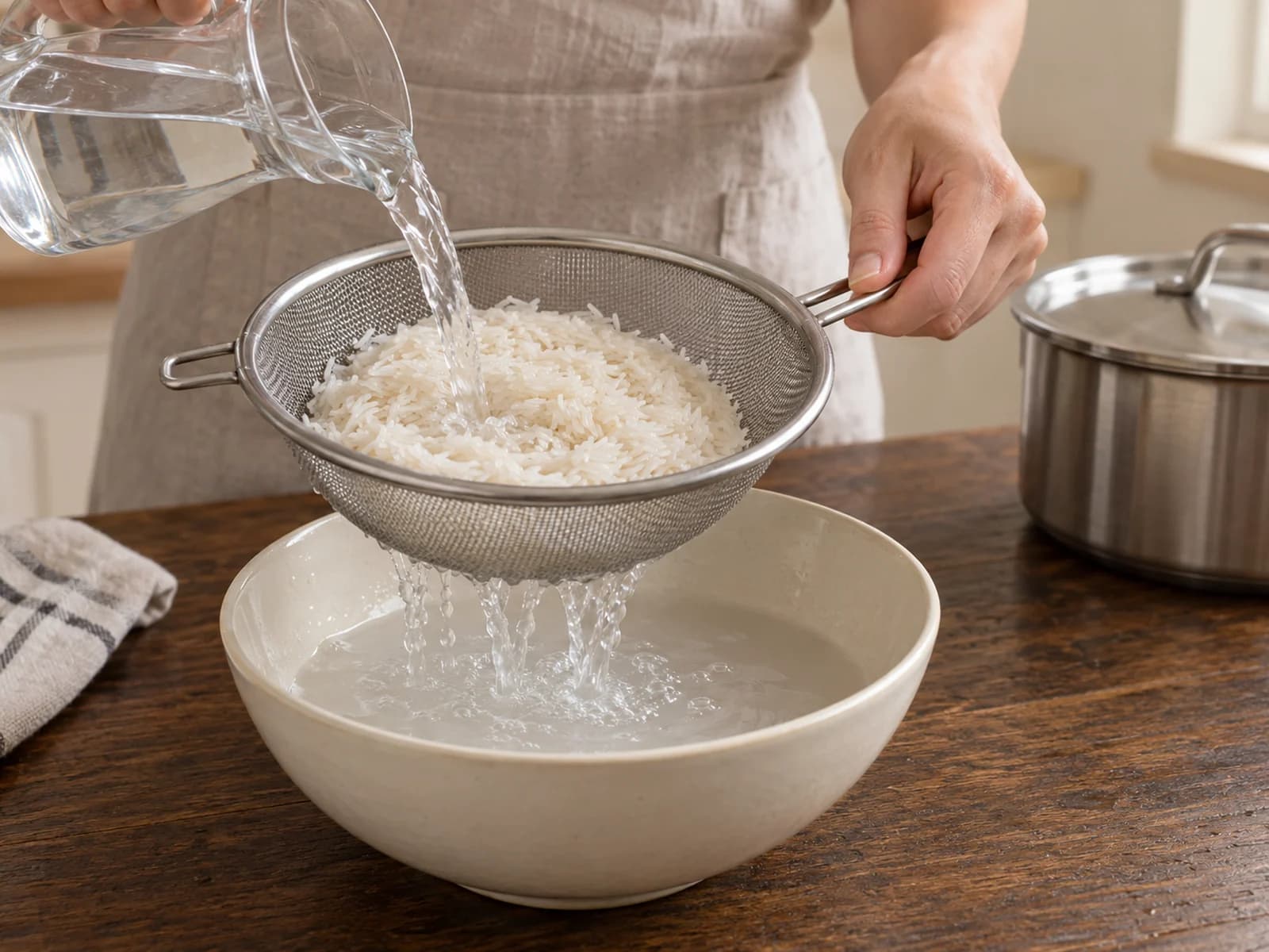 Riz blanc : rinçage des grains et égouttage dans une passoire fine