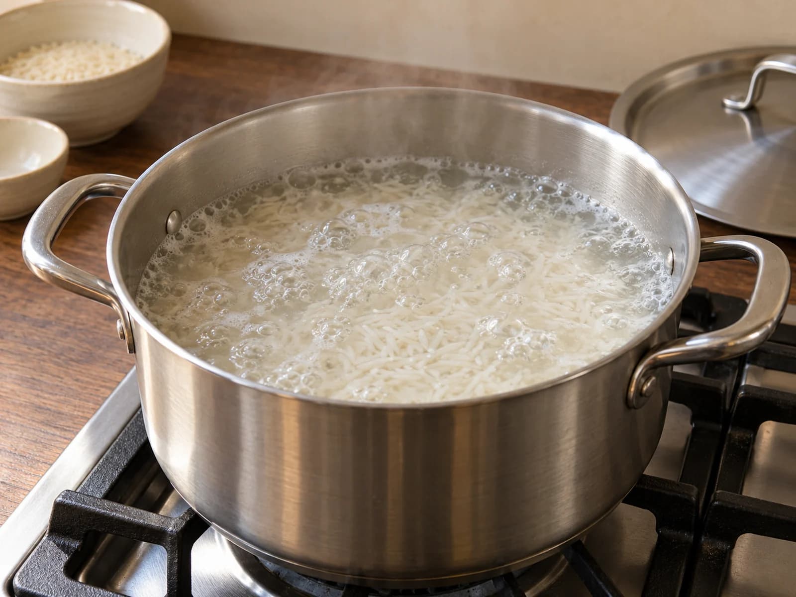 Riz blanc : l'eau et le riz atteignent l'ébullition dans la casserole