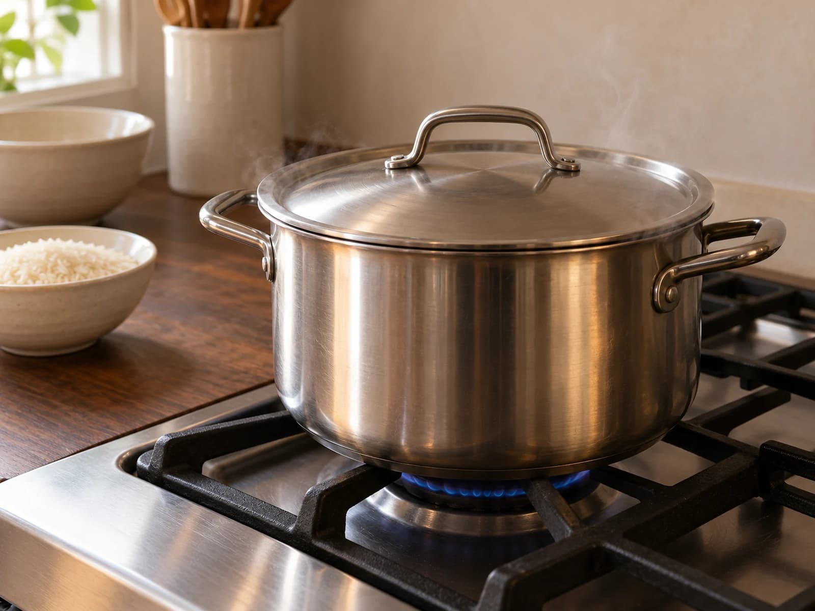 Riz blanc : casserole couverte pendant la cuisson à feu minimal