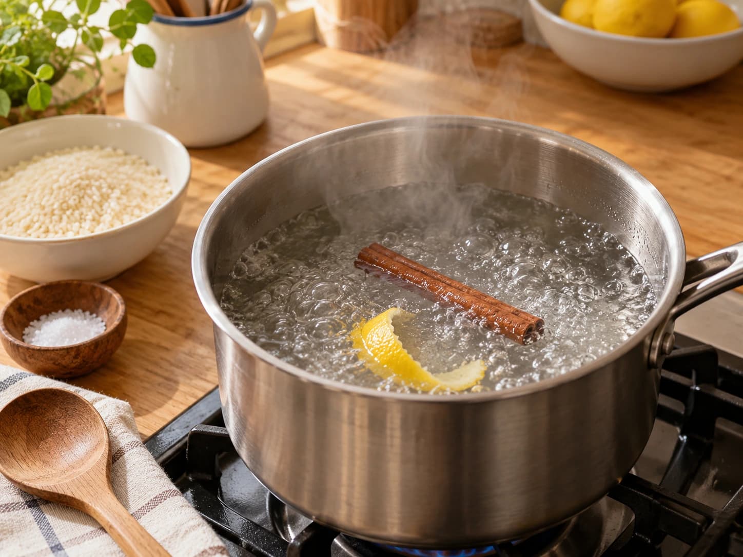 Rice Pudding: Boil the water with cinnamon and lemon