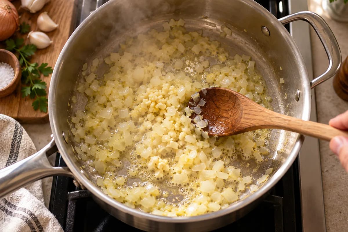 Onion and garlic sautéing in butter in a saucepan