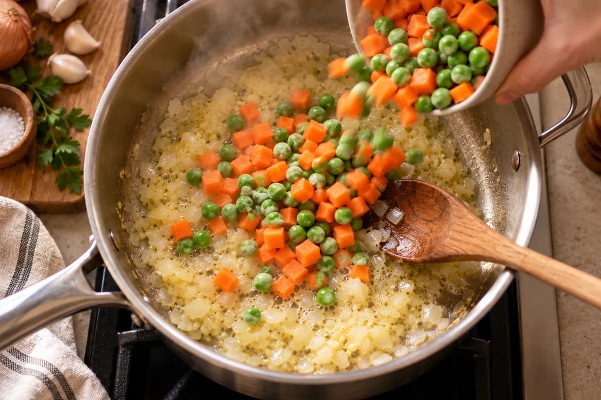 Carrot and peas added to the saucepan with onion