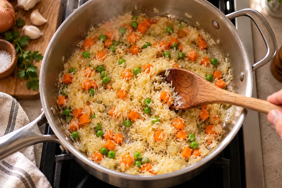 Rice sautéing with vegetables in the saucepan