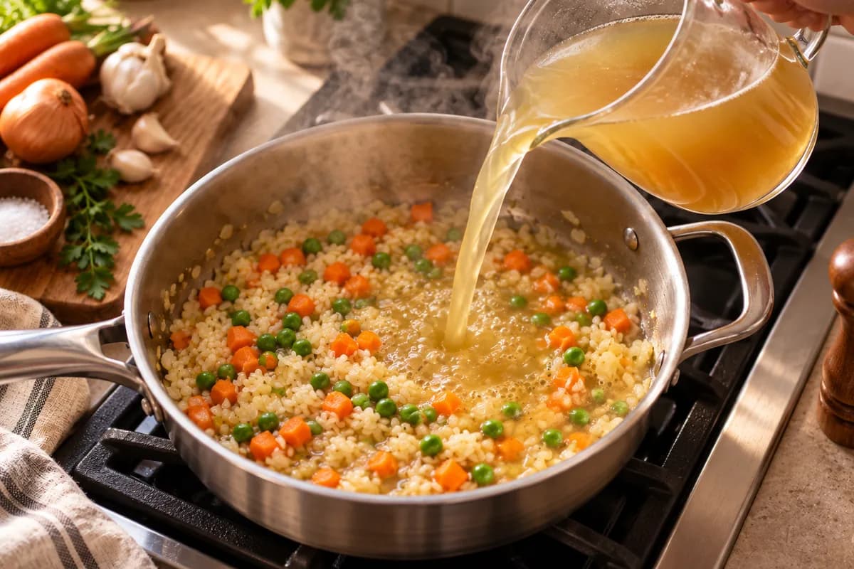 Broth being poured over the rice and vegetables