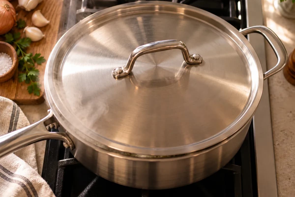 Covered saucepan cooking the rice over low heat