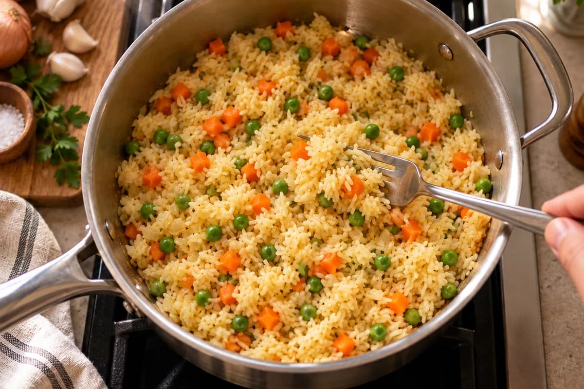 Pilaf rice being fluffed with a fork in the saucepan
