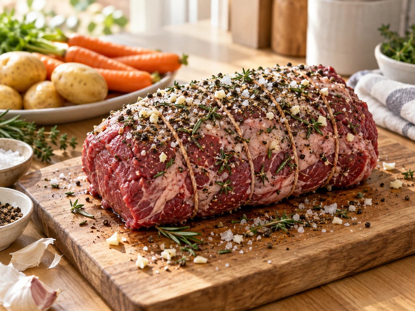 Rôti de bœuf au four aux pommes de terre et carottes: Assaisonner la viande