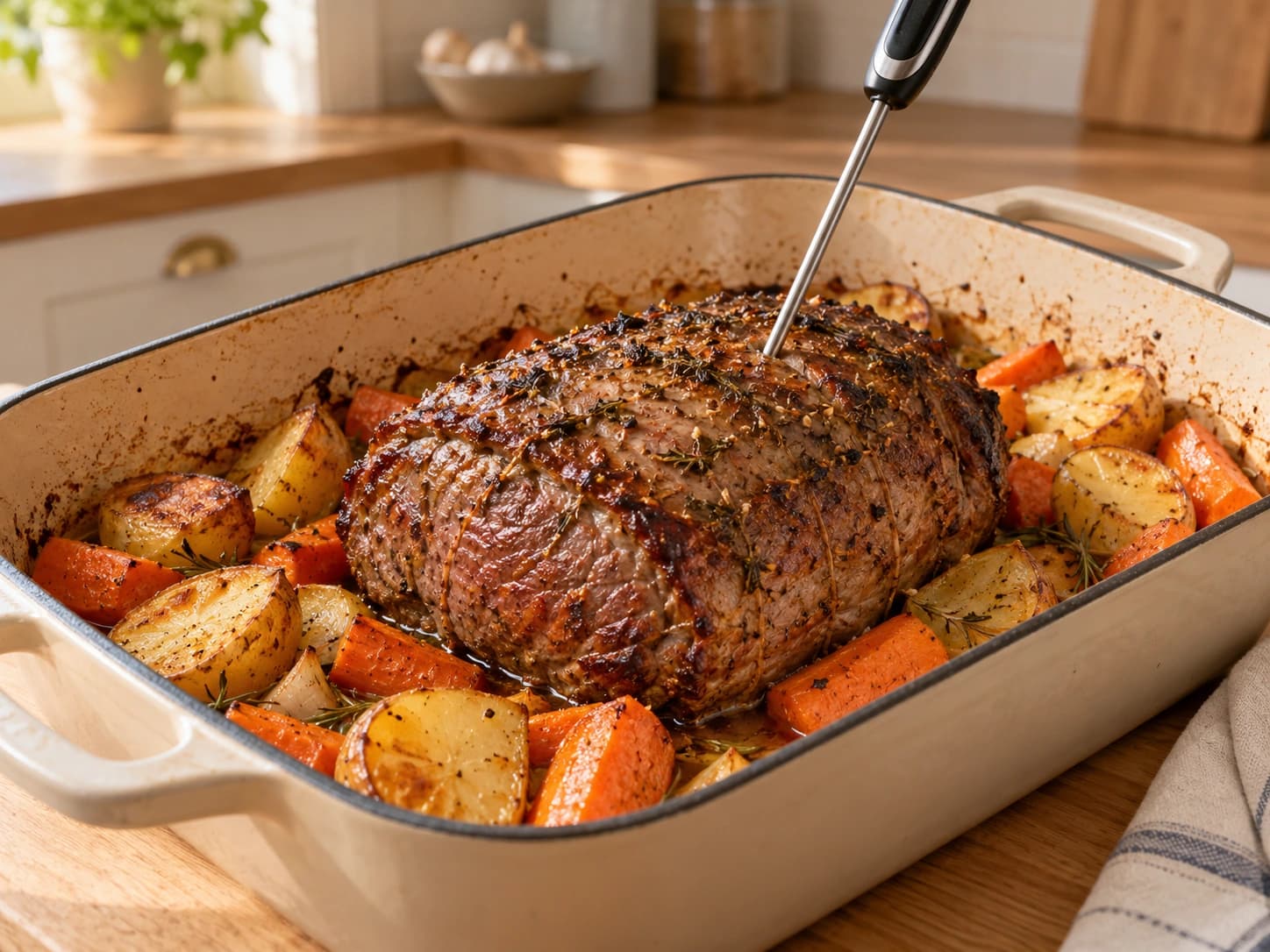 Rôti de bœuf au four aux pommes de terre et carottes: Vérifier la température