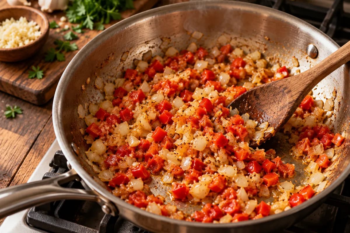 Garlic, onion and red bell pepper sautéing in a skillet