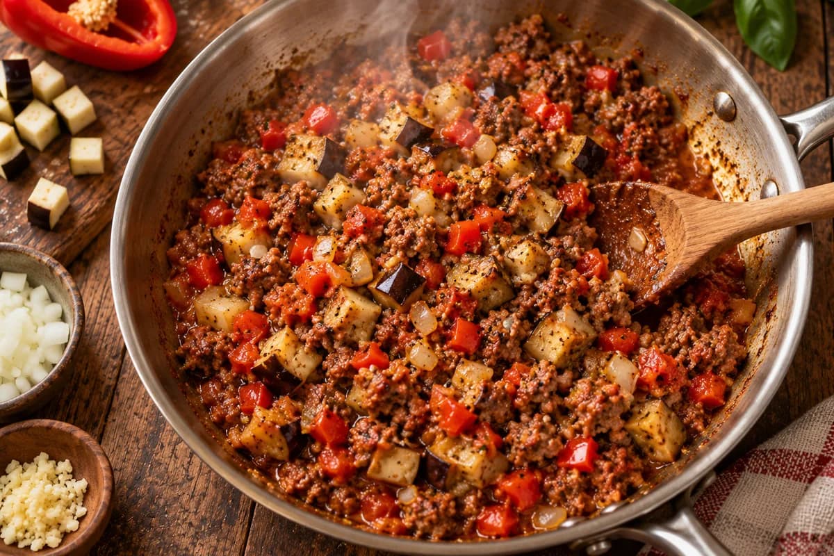Ground meat browning with eggplant flesh in the skillet