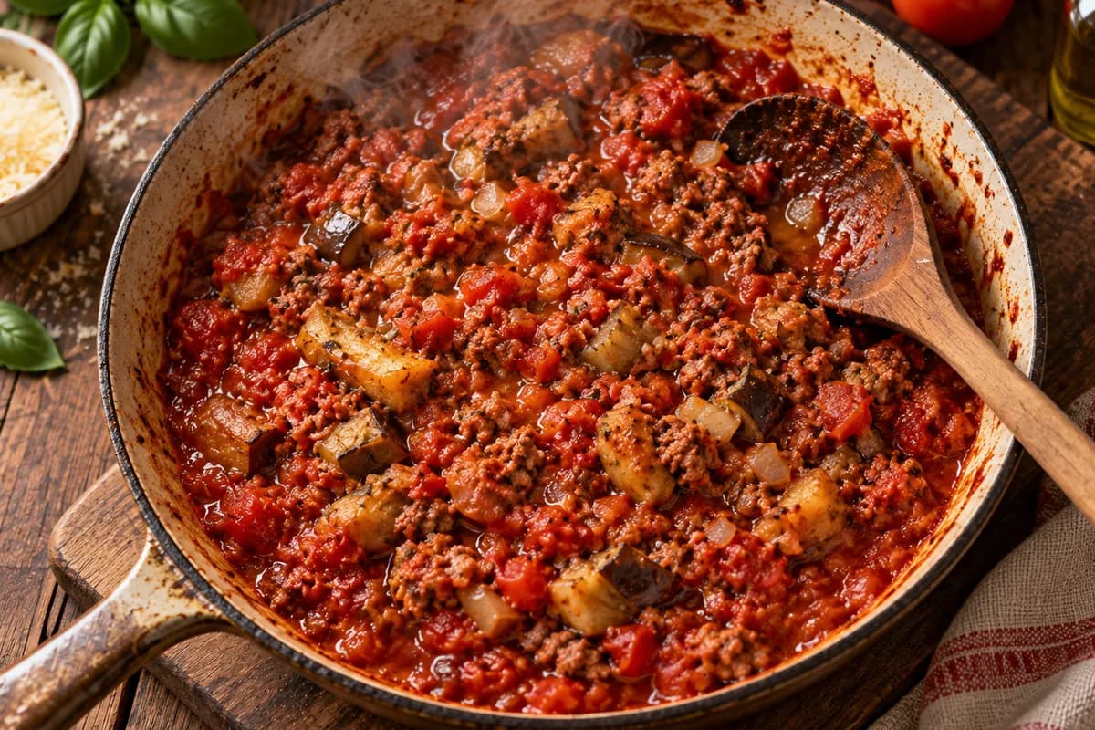 Tomato sauce with meat and eggplant simmering over low heat
