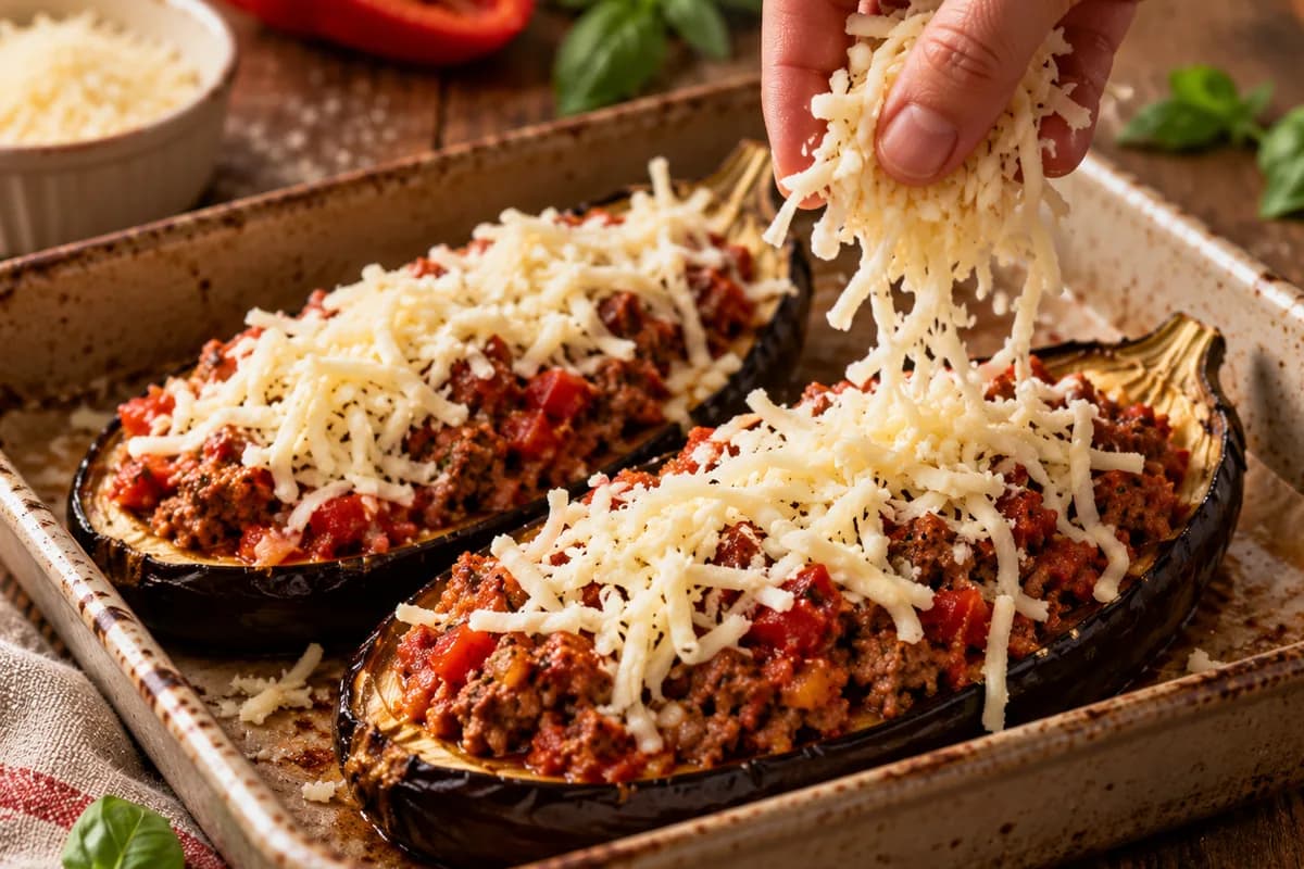 Stuffed eggplant boats being topped with shredded cheese